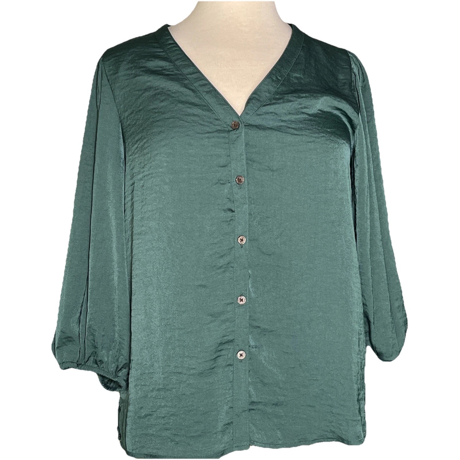 Vince Camuto Satin Balloon-Sleeve Button-Up Blouse Top | Small, Teal Green
